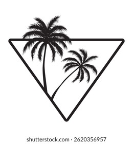Triangle retro badge with silhouettes of palm trees. Vector illustration isolated on white background