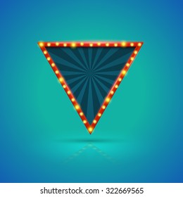 Triangle retro light banner with light bulbs on the contour. Vector illustration. Can use for promotion advertising.