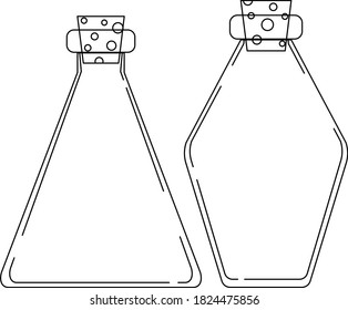 Matraz de triángulo y rhombus. Frasco vectorial con corcho. Matraz de laboratorio de medicina de línea. 