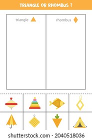 Triángulo o rhombus. Coincidir por formas. Aprender formas geométricas básicas. 