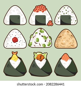 Triangle rice ball "Onigiri" Japanese quick meal in different type: Original, Salmon eggs, Green onion and seaweed, Salted Plum, Edamame, Dried bonito, Tempura shrimp, Fried chicken "Karaage", Salmon.