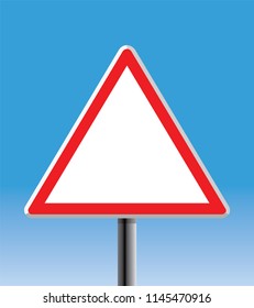 triangle road sign, blank, blue background 