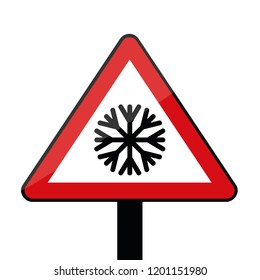 triangle road sign with snowflake for cold winter isolated on white background vector illustration EPS10