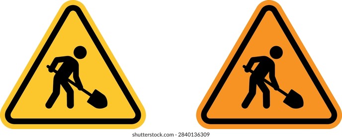 Triangle road work warning vector illustration featuring construction worker symbol for alerting traffic at site zones.