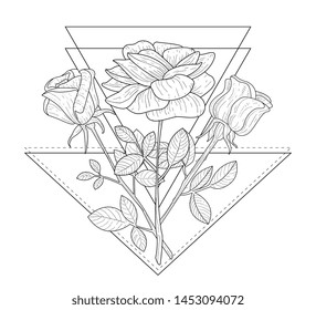 Triangle with Rose Flowers Hand Drawn Monochrome Vector Illustration