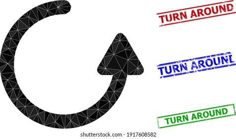 Triangle rotate left arrow polygonal icon illustration, and grunge simple Turn Around stamp imitations. Rotate Left Arrow icon is filled with triangles. Simple seals uses lines, rects in red, blue,