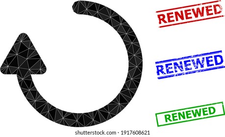 El triángulo rota la ilustración del icono poligonal de la flecha derecha y el colchón de goma renovada simple de socorro. El icono Rotar flecha derecha se rellena con triángulos. Las focas simples utilizan líneas, rectas en rojo, azul,