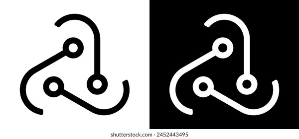 Triangle with rounded corners and circles as an icon or logo. Black shape on a white background and the same white shape on the black side.