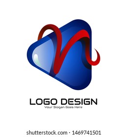 Triangle rounded logo design. Blue Glossy Style is simple template.