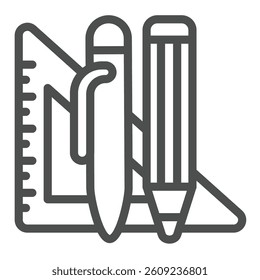 Triangle ruler with ballpoint pen and pencil line icon, design recruitment concept. Vector graphics. Project stationery sign on white background, outline style icon for mobile or web design