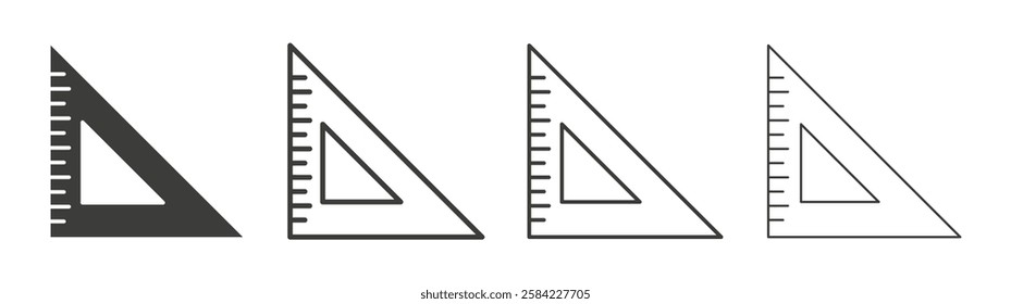 Triangle Ruler icons set. Liner outlined and flat black color