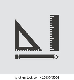Triangle ruler and pencil icon isolated of flat style. Vector illustration.