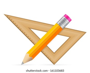 Triangle ruler and pencil icon on a white background.
