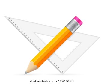 Triangle ruler and pencil icon on a white background.