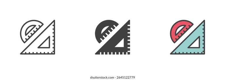 Ícone de régua triangular e protrator em três estilos diferentes: linha, sólido e contorno preenchido colorido. Símbolo vetorial para ferramentas de medição, geometria ou escola.