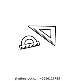 Triangle Ruler and Protractor Line Art Icon – Hand-Drawn Geometry Tools, Math Measurement Outline Vector