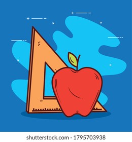 Dreieck-Lineal-Schulversorgung mit Apfelfrucht-Vektorgrafik-Design