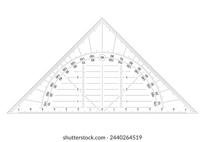 Triangle ruler or set square. protractor icon. Grids for a ruler in millimeter, centimeter. 0, 45 en 90 degrees. Rulers mm, cm scale. metric units measuring scale bars for ruler. School tools sign.