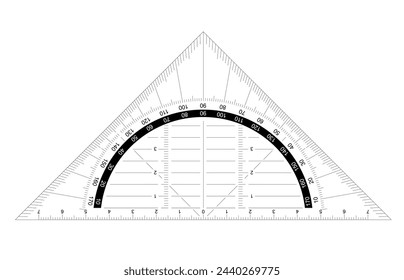 Icono de regla triangular o cuadrado de conjunto. Cuadrículas para una regla en milímetros, centímetros. 0, 45 en 90 grados. Unidades métricas que miden las barras de la escala para la regla. Cartel de herramientas escolares.