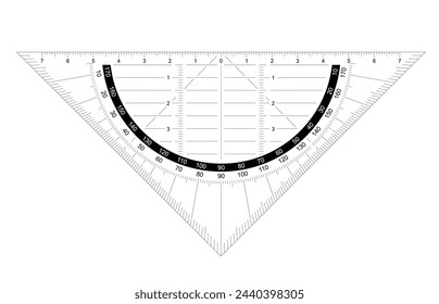 Triangle ruler or set square. protractor icon. Grids for a ruler in millimeter, centimeter. 0, 45 en 90 degrees. Rulers mm, cm scale. metric units measuring scale bars for ruler. School tools sign.