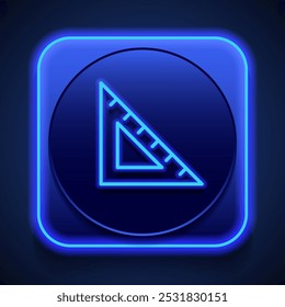 Triangle ruler simple icon vector. Flat design. Blue neon style on button. With shadow.ai