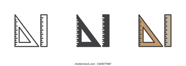 Icono de regla triangular y borde recto. Línea, glifo y contorno relleno versión colorida, contorno y signo vectorial relleno. Símbolo, ilustración del logotipo. Conjunto de iconos de estilo diferente. Gráficos vectoriales