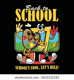 triangle ruler and watercolor palette back to school characters walking together in a retro comic illustration