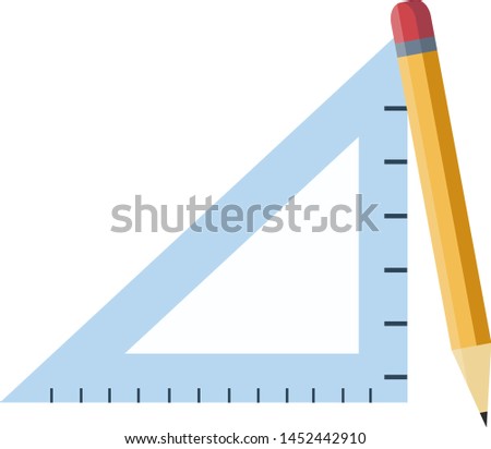 A triangle ruler and yellow pencil, vector, color drawing or illustration.