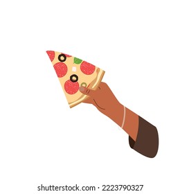 Triangle salami pizza slice in hand isolated on white background. Italian fast food pizza with salami, feta cheese, and olives. Vector illustration in flat style