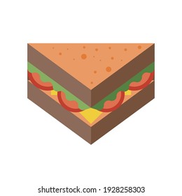 Triangle sandwich icon in flat design. Lunchtime meal with cheese, lettuce and tomatoes between toasted bread slices. Fast food club sammy illustration.