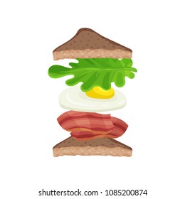 Triangle sandwich with ingredients bacon, fried egg and green lettuce leaf. Tasty snack. Fast food. Flat vector design for cafe menu