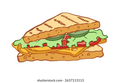 Triangle Sandwich sketch doodle Vector outline illustration with ham, lettuce, cucumber, cheese, tomato. Hand drawing Restaurant business concept for poster, flyer, card, menu, banner, coloring book.