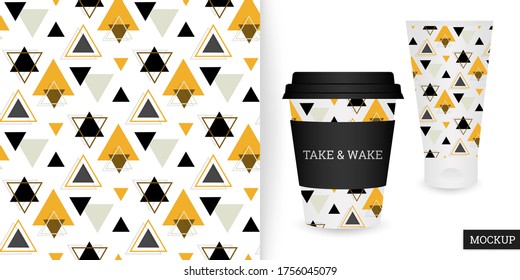 Dreieck nahtloses Muster. Farbiges geometrisches Muster. Abstrakter Hintergrund mit Dreiecken. Vektorgrafik. Trendy sich wiederholende Textur. Elegante Ornamente. Geh nach oben.