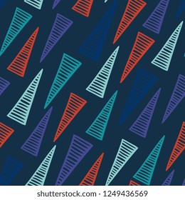 Triangle seamless pattern with colorful hand drawn style on blue background. Vector illustration vintage design.