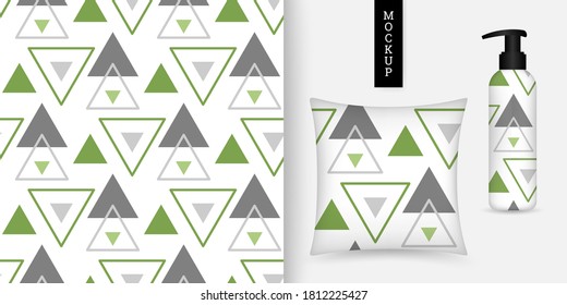 Triangle seamless pattern. Geometric pattern. Abstract background with triangles. Vector illustration. Trendy repeating texture. Elegant ornament. Design textile, paper, cloth. Mockup.