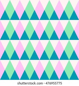 Triangle seamless pattern with green, pink, blue crossing triangles on beige. Triangular geometrical background. Modern stylish texture. Repeating geometric tiles. Vector illustration.