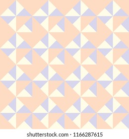 Triangle seamless pattern in pastel orange, purple and cream color. For textile, fabric, paper gift wrap, wallpaper, background, backdrop or printed design artwork. Vector illustration.