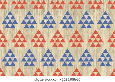 Triangle seamless pattern with red and blue geometric shapes on a beige textured background, design for textiles, clothing.