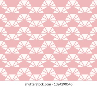 Triangle seamless pattern. Subtle vector geometric texture. Delicate pink and white minimalist graphic background with small triangles, hexagonal grid, mesh, net. Simple modern abstract repeat design 