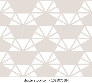 Triangle seamless pattern. Subtle vector geometric texture. Delicate white and beige minimalist graphic background with triangles, hexagonal grid, mesh, net. Simple modern repeated abstract design 