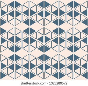 Triangle seamless pattern. Vector abstract geometric texture. Soft blue and beige color. Simple modern graphic background with small triangles, diamond shapes, grid. Stylish minimalist repeat design