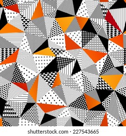 Triangle seamless pattern. Vector illustration. Contrasting fashionable polygonal backdrop with black and orange panes. Beautiful geometric design for various craft projects.