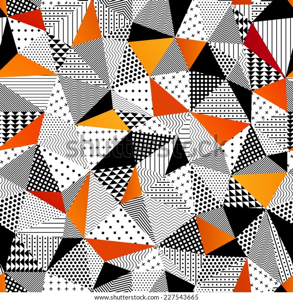 三角形のシームレスなパターン ベクターイラスト 黒とオレンジのペインで おしゃれな多角形の背景と対比 さまざまな工芸プロジェクトに使える 美しい幾何学的なデザイン のベクター画像素材 ロイヤリティフリー 227543665