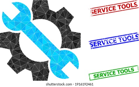 Triangle service tools polygonal icon illustration, and distress simple Service Tools watermarks. Service Tools icon is filled with triangles. Simple watermarks uses lines, rects in red, blue,