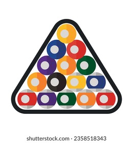Triangle and set of balls vector.Tools for playing classic, snooker, billiards and pool.Multicolored flat vector icon representing sports items inventory equipment concept isolated on white background
