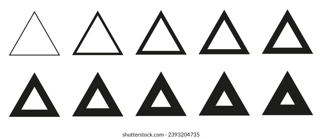 Triangle set from thin to thick line, set of geometric shapes form, triangle icons collection, different version - stock vector