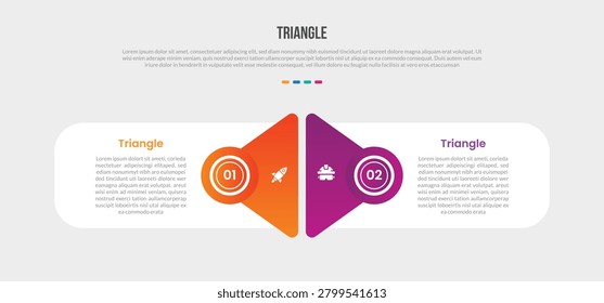 Triangle shape base shape infographics gradient template diagram with round rectangle box with circle badge on opposite versus comparison with 2 point step creative vector