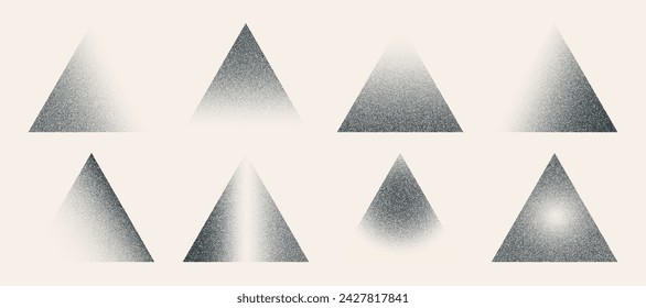 Triangle shape black dot grain texture set. Stippling, dotwork pattern form. Vintage halftone effect trigon. Fading gradient. Vector illustration collection