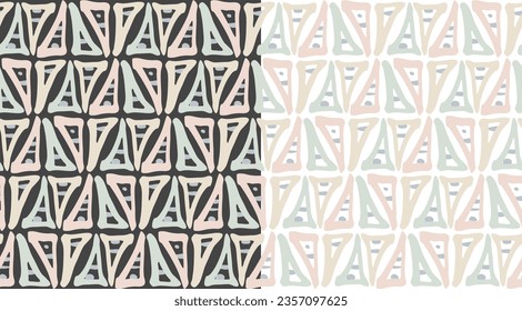 Triangle shape ethnic seamless patterns, set of 2. Hand drawn doodle paint brush stroke geometric grid, modern artistic monochrome nordic design. White, black color background. Vector illustration