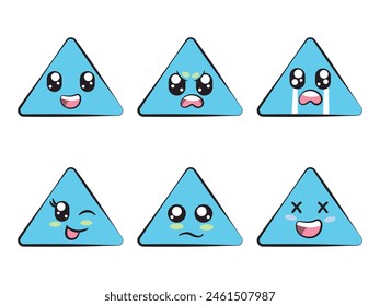 triangle shape with expression smile angry crying wink eye sadness and laughing mood feeling blue color 